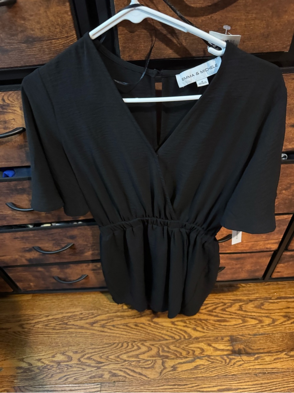 Emma & Michele Black V-Neck Peplum Top with Elastic Waist